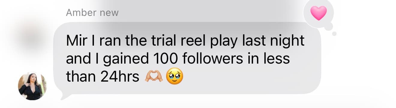 Message screenshot from Amber reporting 100 new followers in under 24 hours