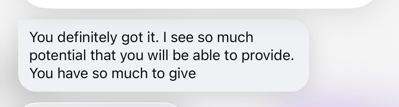 Message screenshot telling Miranda she has so much to give